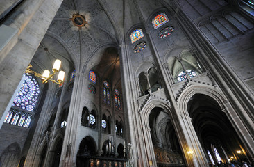 Interior of Notre Dame cathedral in Paris, France