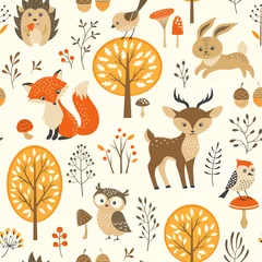 Tapeten Kleines Reh Nahtloses Muster des Herbstwaldes mit netten Tieren