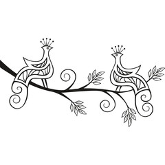 Two decorative paradise birds sitting on a flourishing tree branch.