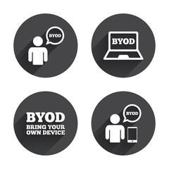 BYOD signs. Human with notebook and smartphone.