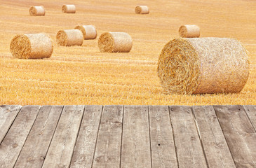 Hay bales on harvested field with wooden boards.