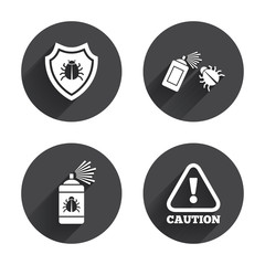Bug disinfection signs. Caution attention icon.