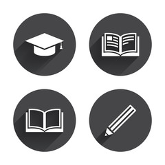 Pencil and open book signs. Graduation cap icon.