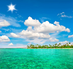 Tropical island beach with palm trees and blue sky