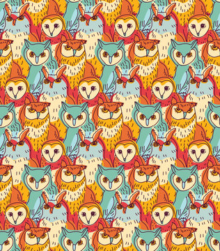 Group owl color seamless pattern