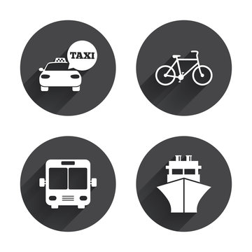 Transport icons. Taxi car, Bicycle, Bus and Ship