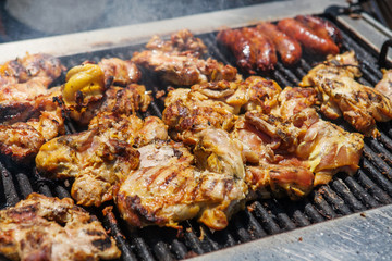 Barbecue Grilled Chicken and sausages. Street american food