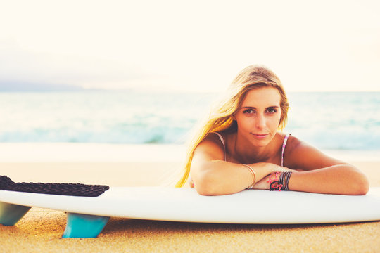 Blonde Surfer Girl on the Beach