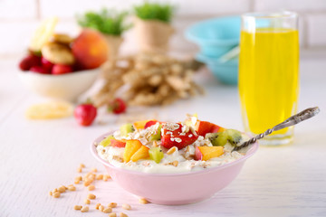 Healthy breakfast with homemade oatmeal, close up