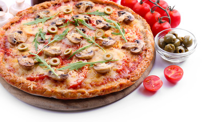 Tasty pizza with vegetables and arugula isolated on white