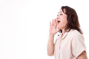 middle aged asian woman shouting, announcing, communicating