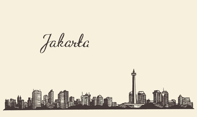 Obraz premium Jakarta skyline engraved illustration drawn sketch