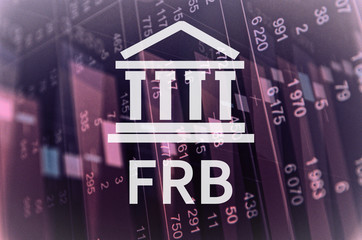 Building icon with inscription FRB. Financial data on computer  screen. Multiple exposure
