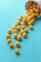 Ripe cherry-plums on wooden table close up