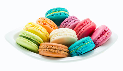 Fototapeta na wymiar Colorful macarons on white background. Macaron or Macaroon is sw