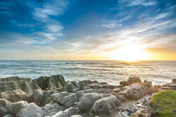 Grand Canyon Pancake Rocks Punakaiki at sun set seen from the lo
