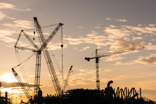 Silhouette Construction Industry Oil Rig Refinery Working Site