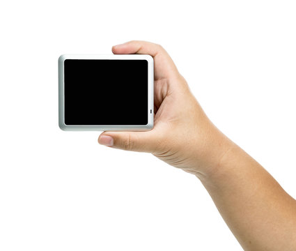 digital moniter screen in hands over white background