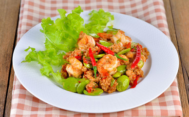 Stir fried bitter bean with  shrimp and pork.