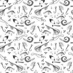 Seamless pattern set of fishing gear. Drawing by hand. A vector image.Blank for printing on fabric, wrapping paper.