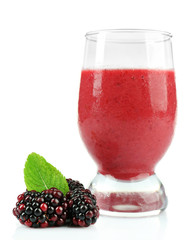 Glass of blackberry smoothie isolated on white