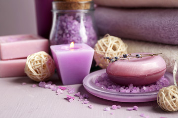 Spa treatments on colorful background. Lavender spa concept