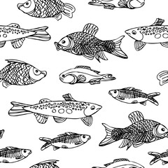 Seamless pattern with river fish. Wrapping paper end tissue .Trout, rudd and tadpole pattern components.Line drawing by hand. Vector Image