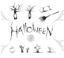 Halloween icon and symbol set with sketch brush. vector illustra