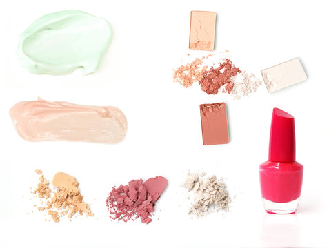 Cosmetics collage isolated on white