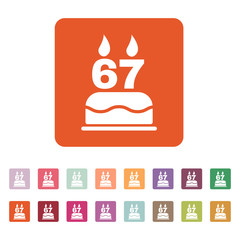 The birthday cake with candles in the form of number 67 icon. Birthday symbol. Flat