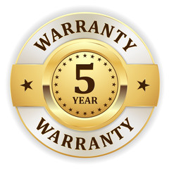 Gold round 5 year warranty vector badge on white background 