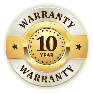 Gold round 10 year warranty vector badge on white background 