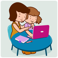A mother and a child sitting on the desk in front of the computer doing homework for school. Vector illustration