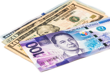 Close up of Philippines Piso currency note against US Dollar