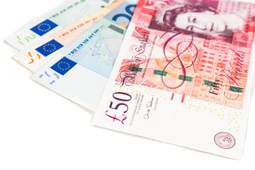 Close up of British Pound Sterling note against EURO