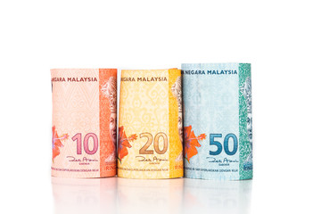 Close up of rolled up Malaysia Ringgit currency note