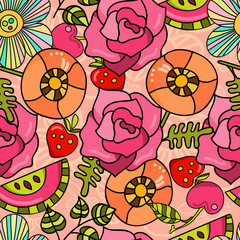 Bright juicy summer pattern of poppies, roses and watermelon