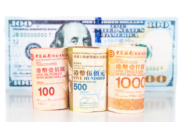 Close up of Hong Kong currency note against US Dollar