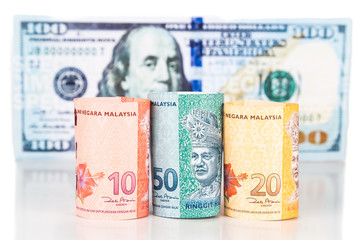 Close up of Malaysia Ringgit currency note against US Dollar