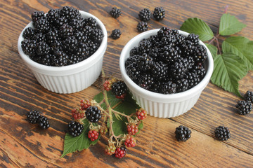 Frische Brombeeren in weißen Schälchen auf altem Holz