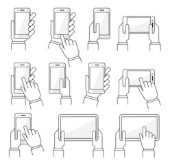 Set of hand holding smart phone and tablet touch computer gadget.
