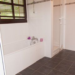 Well decorated modern white  washroom,