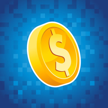 Gold Dollar Coin On Blue Pixel Background