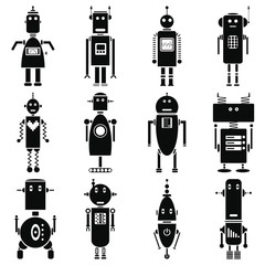 Vintage retro robots icons set in black and white 
