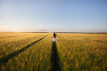 beautiful woman run away in yellow wheat field