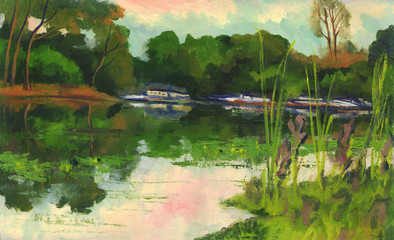 Summer landscape. Trees with reflection in the river. Oil painting - 88983050