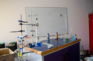 Set of glassware in chemical lab.