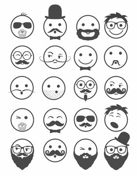 icon set 20 man`s faces black and white