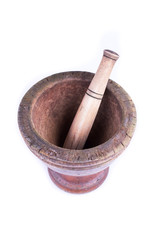 wooden mortar and pestle isolated on white background