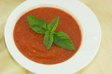 Salsa di pomodori e foglia di basilico